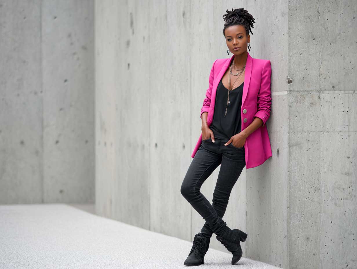full-length supermodel leaning against concrete wall black skinny jeans black tank top structured hot pink blazer black ankle boots modern street fashion soft natural light
