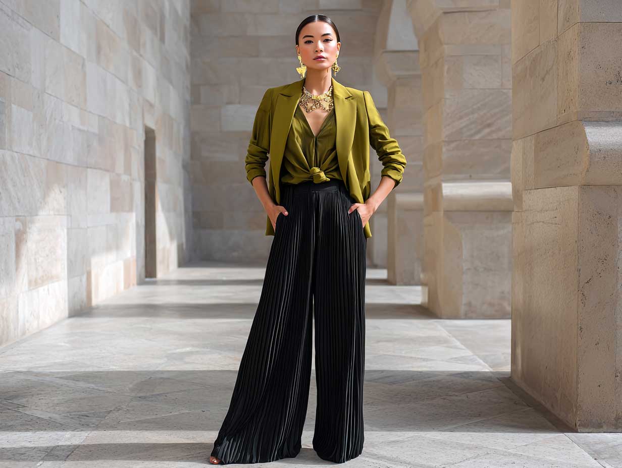 full-length supermodel standing confidently in city plaza in black pleated trousers black silk blouse tailored olive green blazer gold accessories clean minimalist fashion look magazine editorial lighting