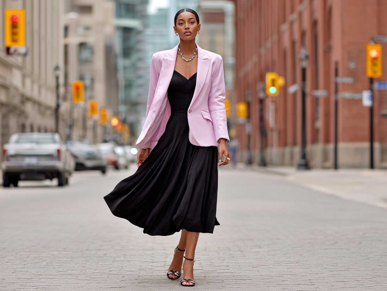 full-length supermodel walking urban street in black midi skirt black camisole oversized light pink blazer heeled sandals flowy fashion magazine style soft wind movement