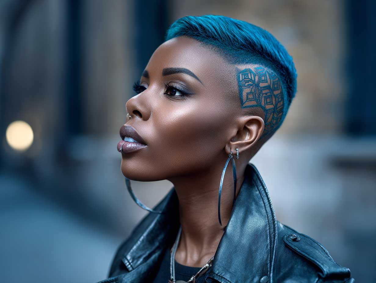 bold woman with ultra blue blunt haircut, geometric shaved design on one side, sharp middle part, glossy hair texture, urban setting, high fashion lighting