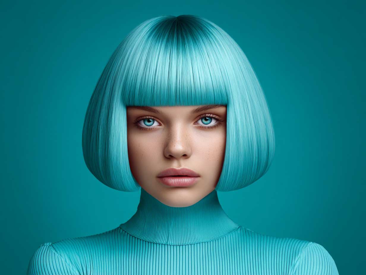 ear-length turquoise blue blunt haircut, geometric cut, smooth hair texture, center part, avant-garde look, high-resolution beauty portrait