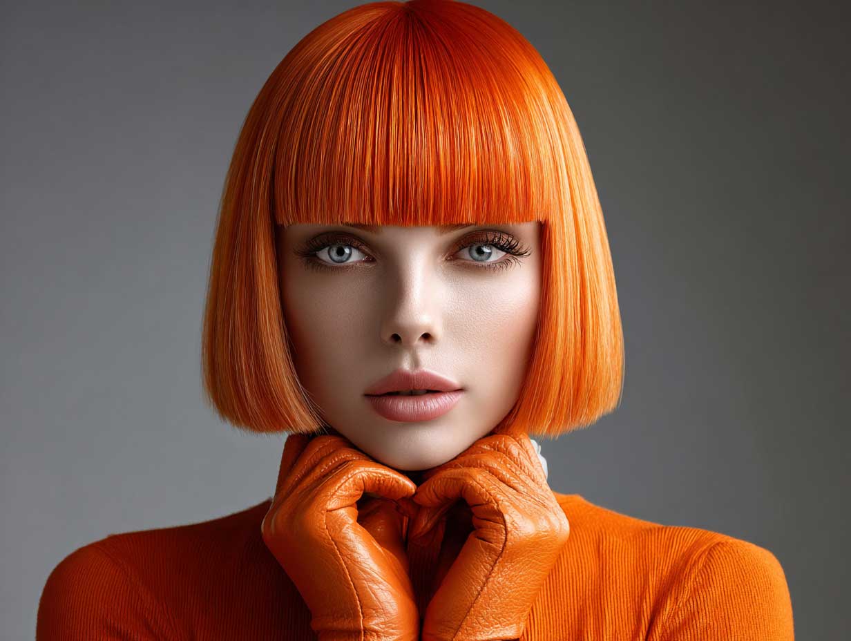 woman with vibrant orange blunt haircut, ultra-sleek straight hair, center part, glossy texture, modern minimal makeup, studio lighting, fashion close-up