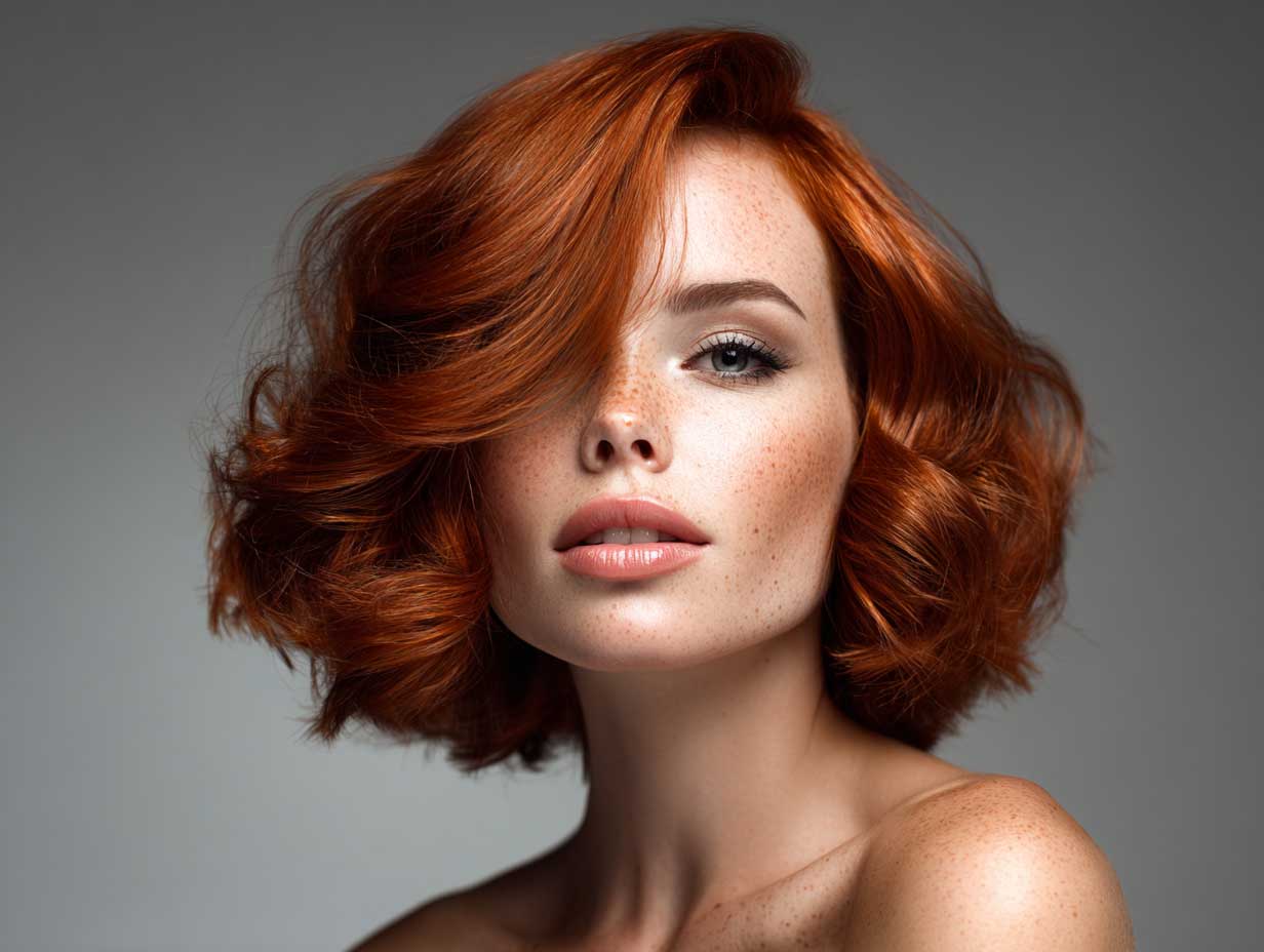 woman with cherry red blunt haircut, tousled soft waves, shoulder-length hair, center part, natural glam makeup, moody lighting, close-up fashion beauty shot