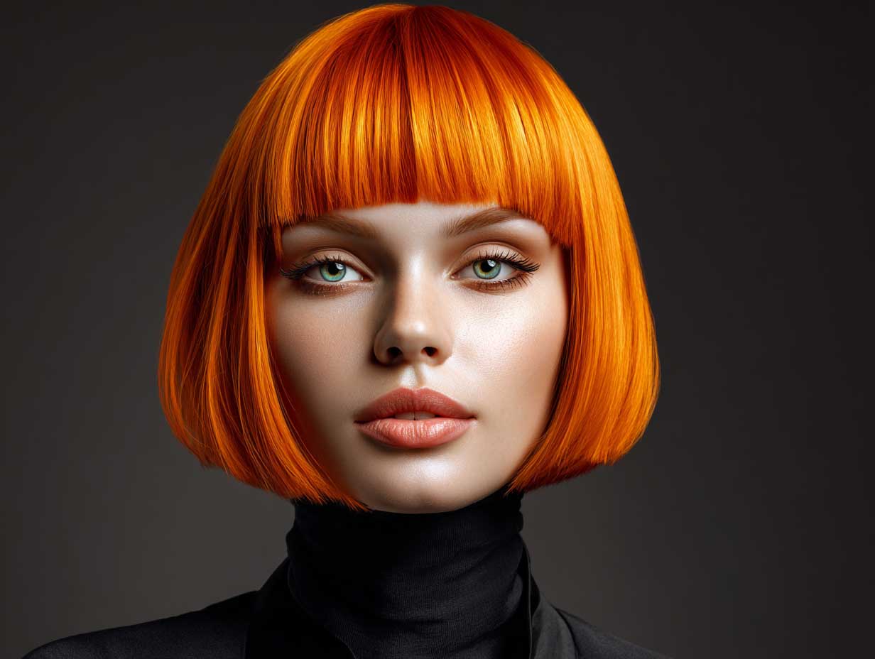 woman with vibrant orange blunt haircut, ultra-sleek straight hair, center part, glossy texture, modern minimal makeup, studio lighting, fashion close-up