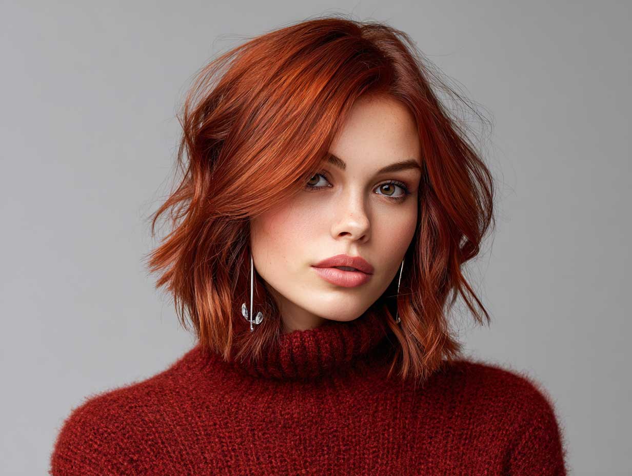 woman with cherry red blunt haircut, tousled soft waves, shoulder-length hair, center part, natural glam makeup, moody lighting, close-up fashion beauty shot