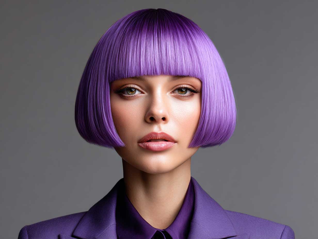 short electric purple blunt haircut on model, French bob shape, full bangs, high fashion styling, editorial lighting, face symmetry