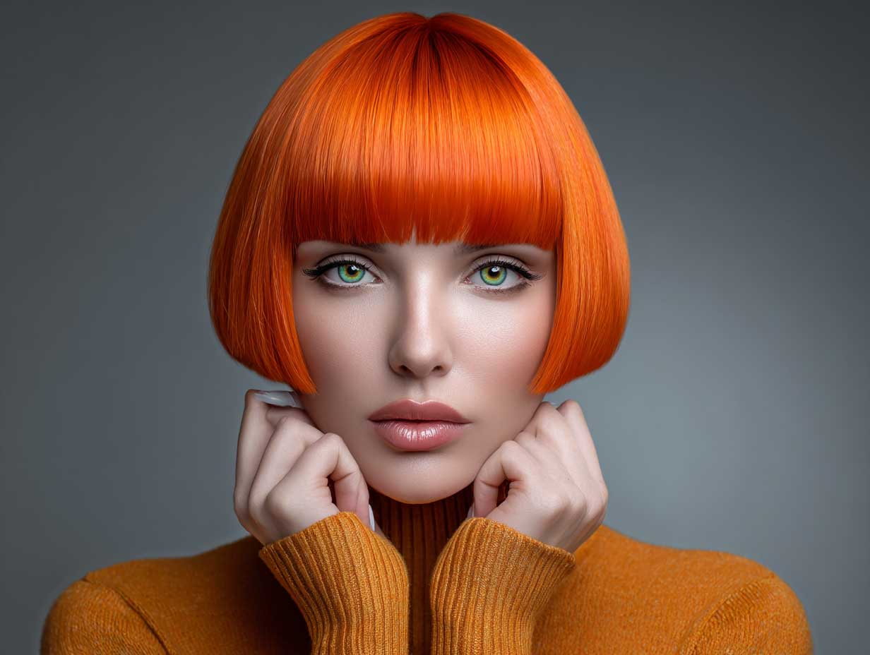 woman with vibrant orange blunt haircut, ultra-sleek straight hair, center part, glossy texture, modern minimal makeup, studio lighting, fashion close-up