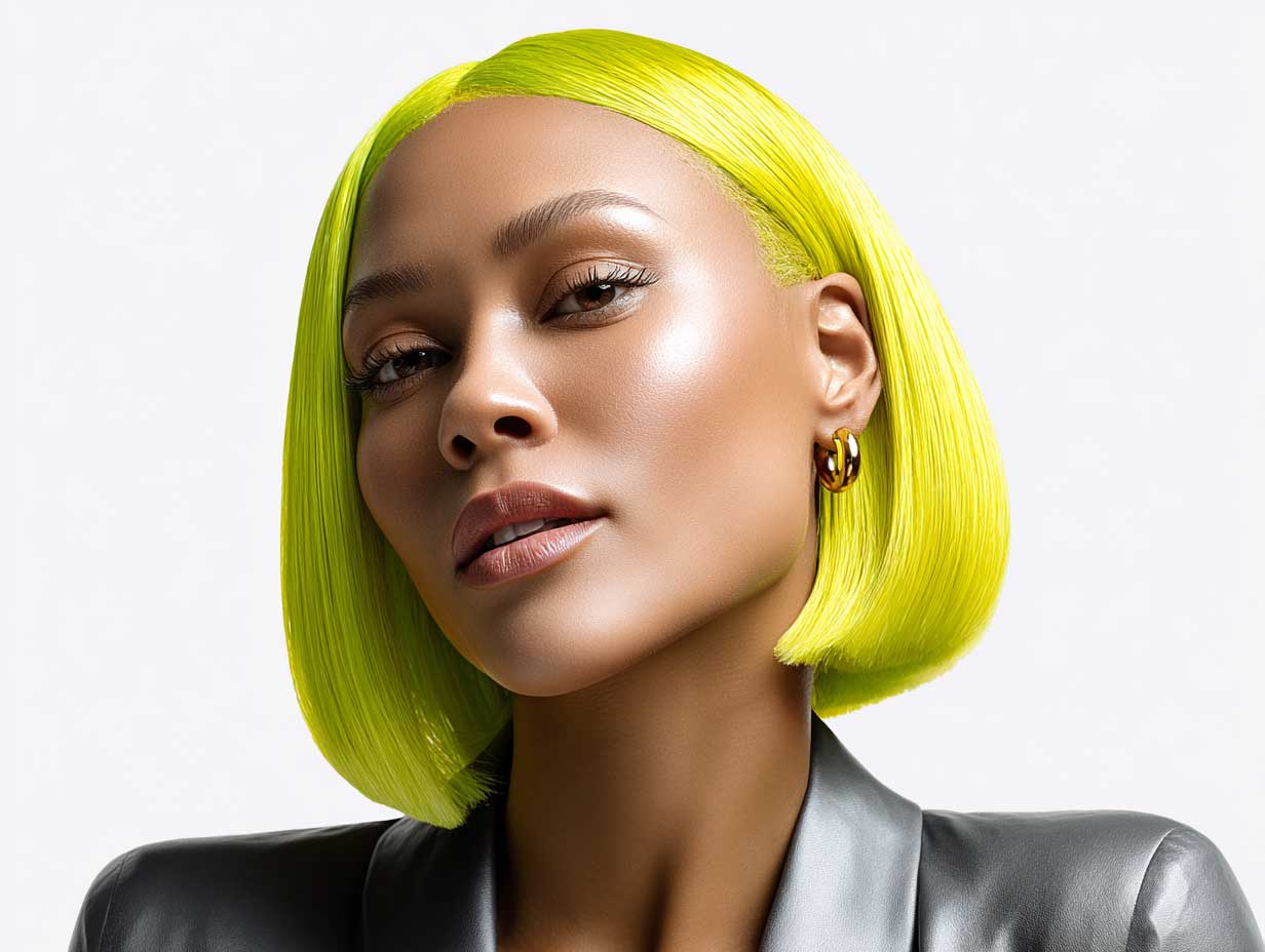 woman with lime yellow blunt haircut, sharp jaw-length style, high shine finish, clean middle part, glowing skin, bright light, beauty close-up