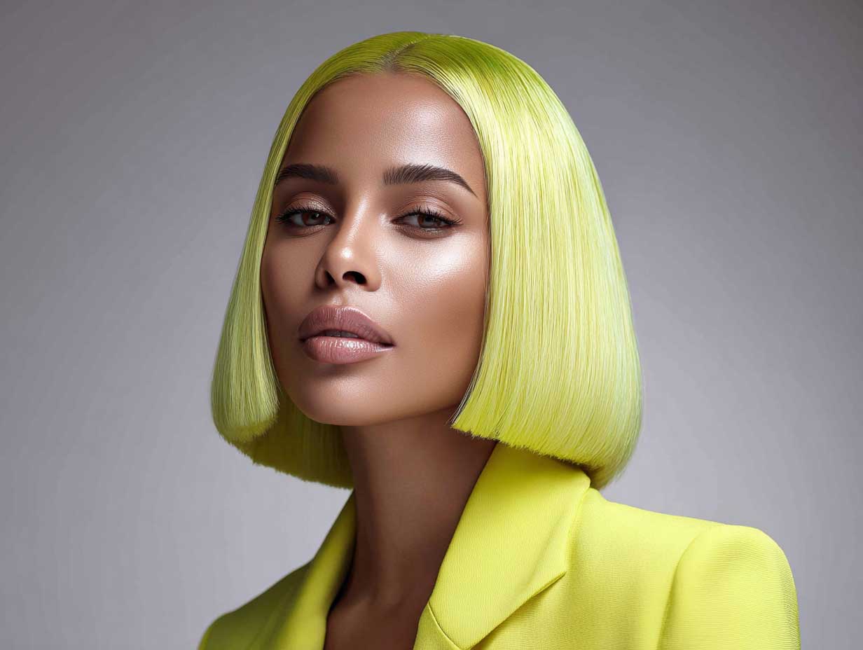 woman with lime yellow blunt haircut, sharp jaw-length style, high shine finish, clean middle part, glowing skin, bright light, beauty close-up