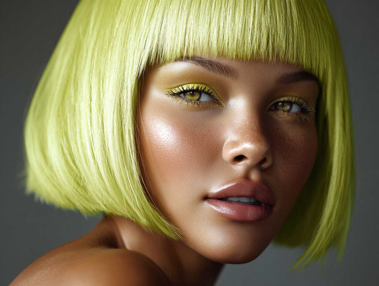 woman with lime yellow blunt haircut, sharp jaw-length style, high shine finish, clean middle part, glowing skin, bright light, beauty close-up