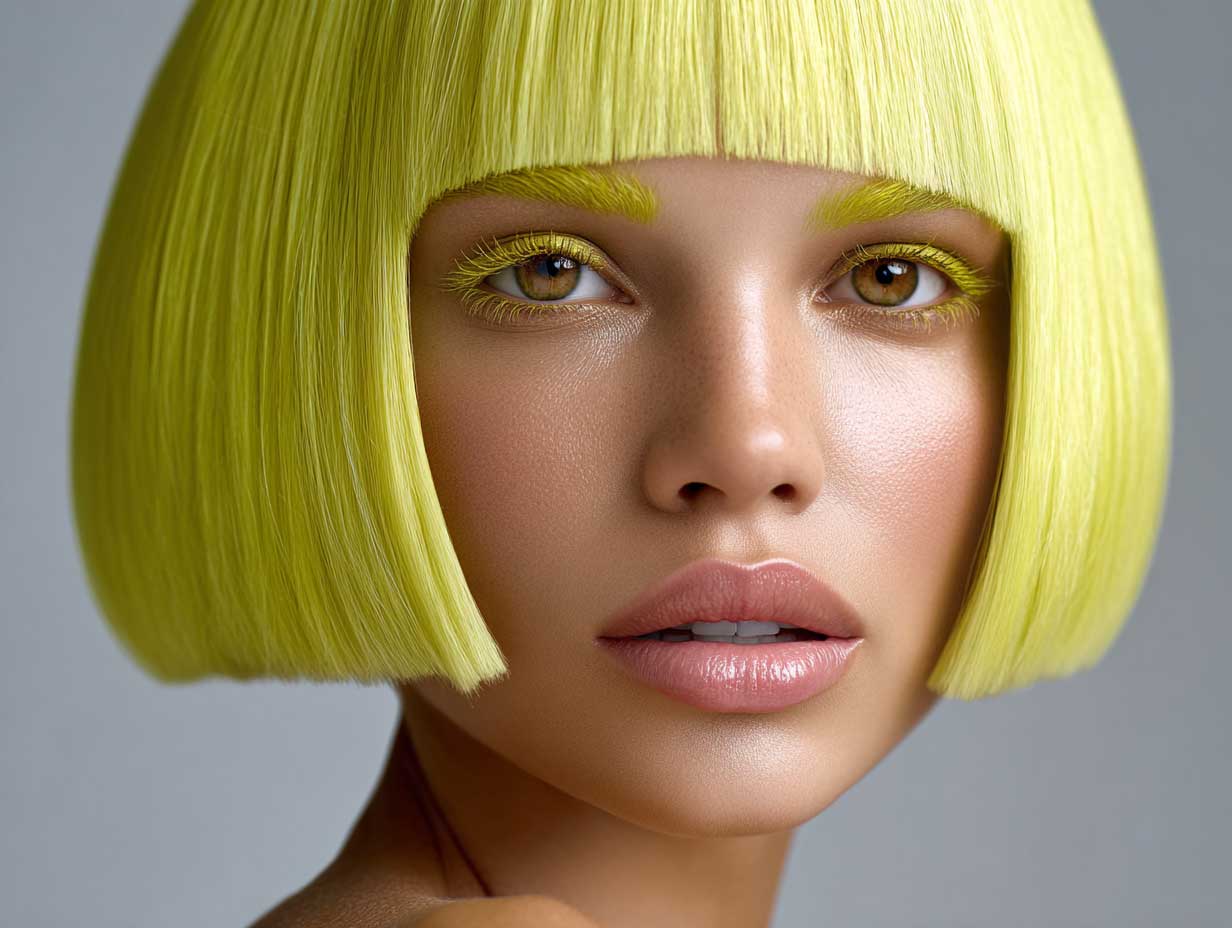 woman with lime yellow blunt haircut, sharp jaw-length style, high shine finish, clean middle part, glowing skin, bright light, beauty close-up