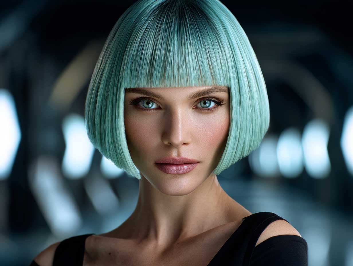 aqua green blunt haircut, straight sleek strands, precise jaw-length cut, high-definition beauty portrait, futuristic urban setting, high contrast lighting