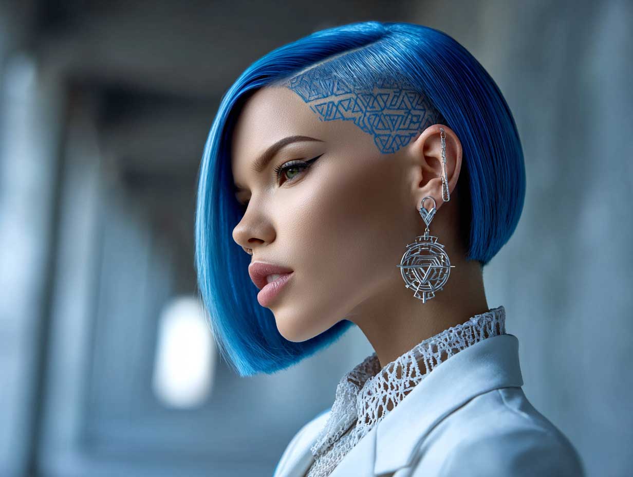 bold woman with ultra blue blunt haircut, geometric shaved design on one side, sharp middle part, glossy hair texture, urban setting, high fashion lighting