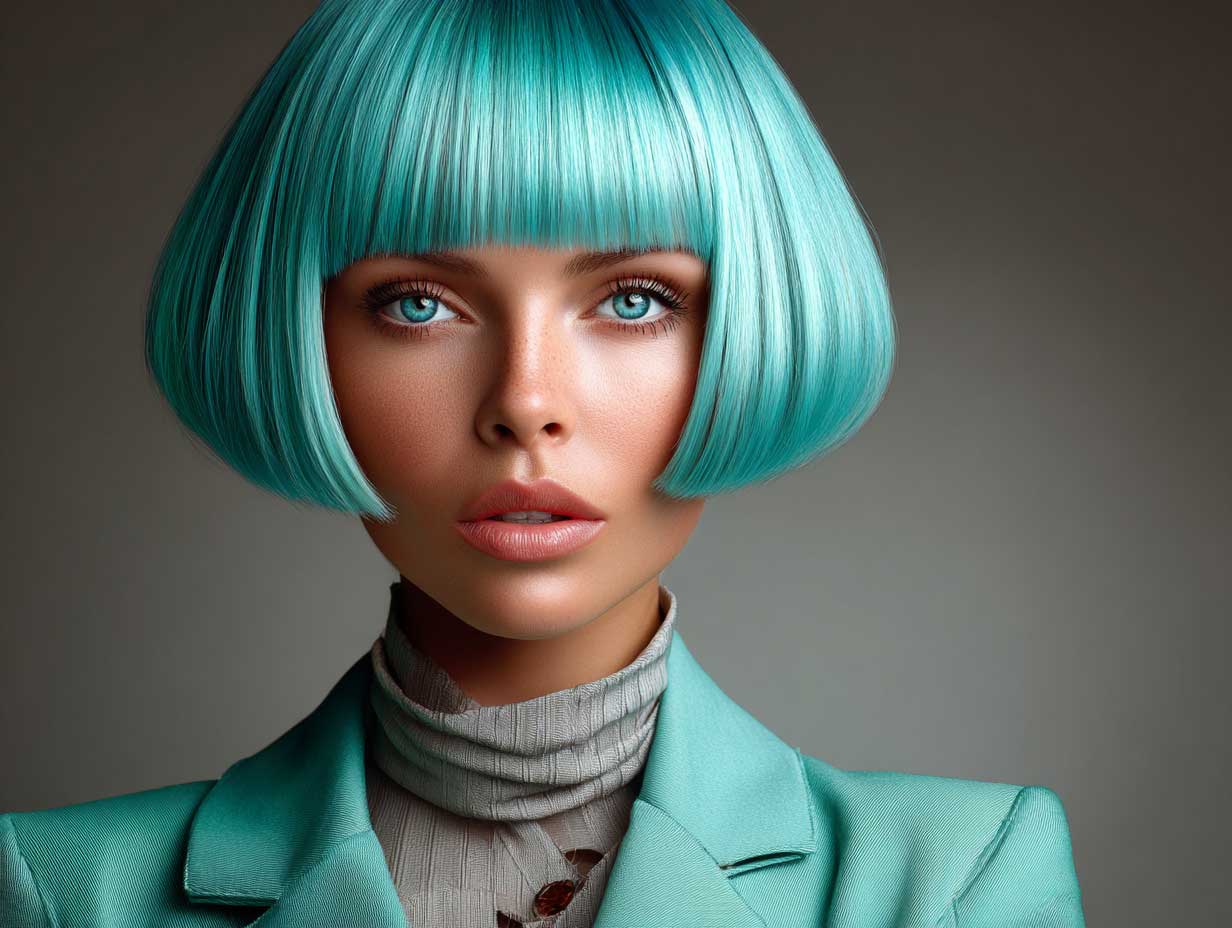 ear-length turquoise blue blunt haircut, geometric cut, smooth hair texture, center part, avant-garde look, high-resolution beauty portrait