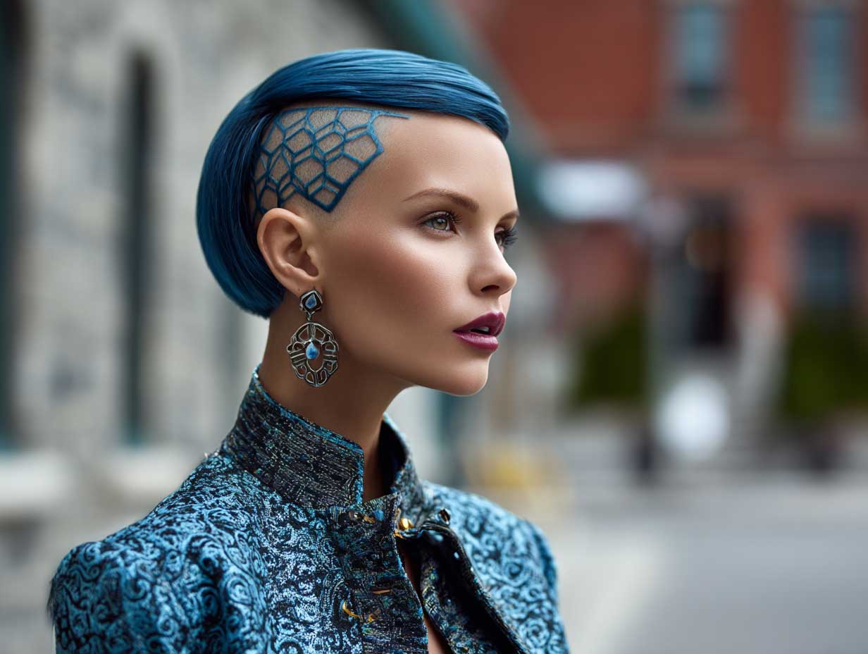 bold woman with ultra blue blunt haircut, geometric shaved design on one side, sharp middle part, glossy hair texture, urban setting, high fashion lighting