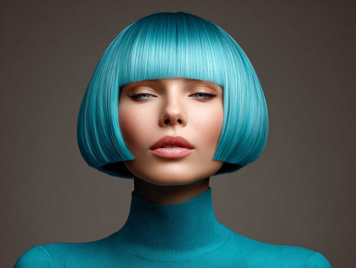 ear-length turquoise blue blunt haircut, geometric cut, smooth hair texture, center part, avant-garde look, high-resolution beauty portrait