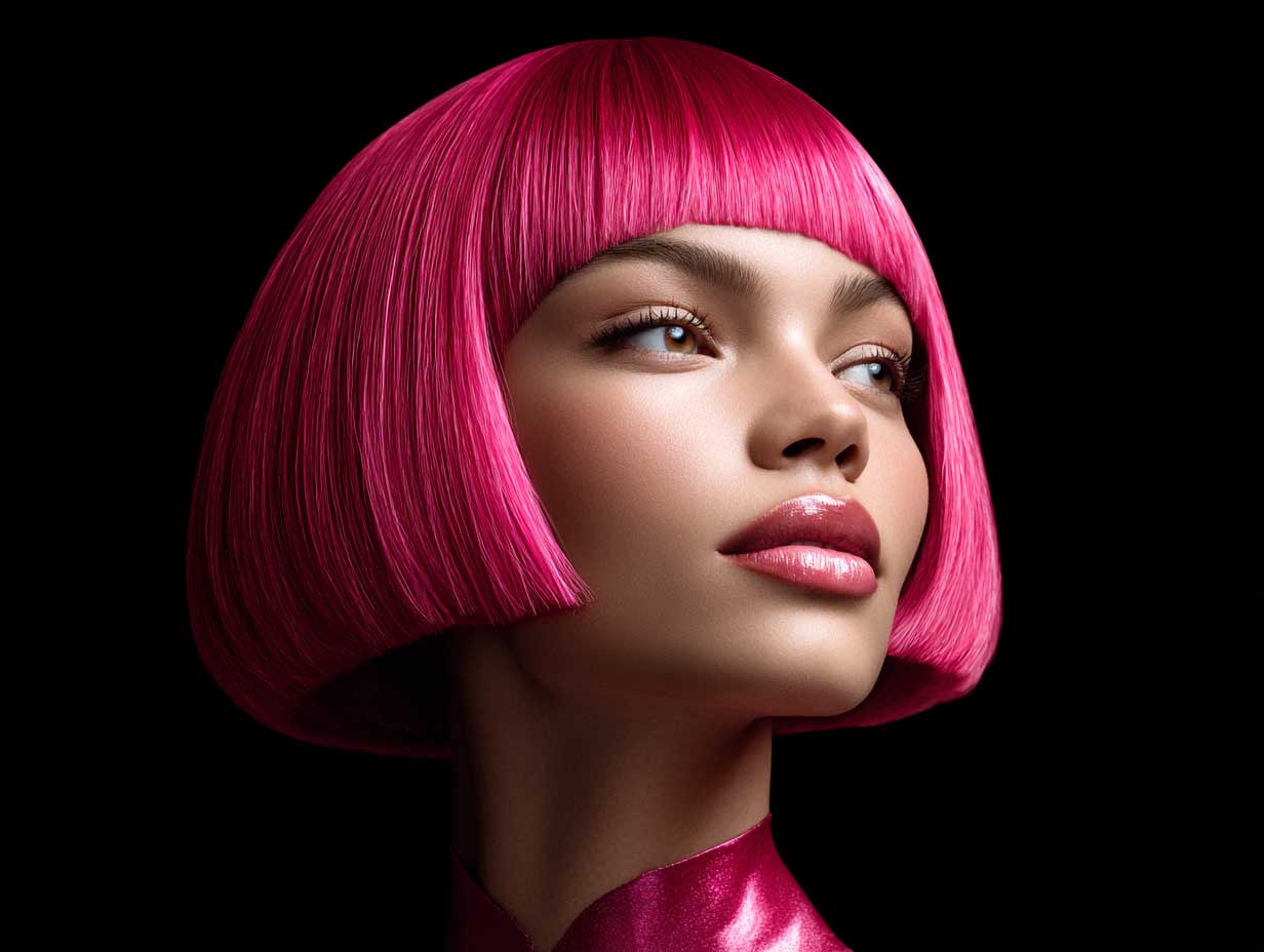 hot pink blunt haircut, symmetrical straight hairstyle, high-gloss effect, dramatic fashion lighting, sharp jawline, editorial beauty face