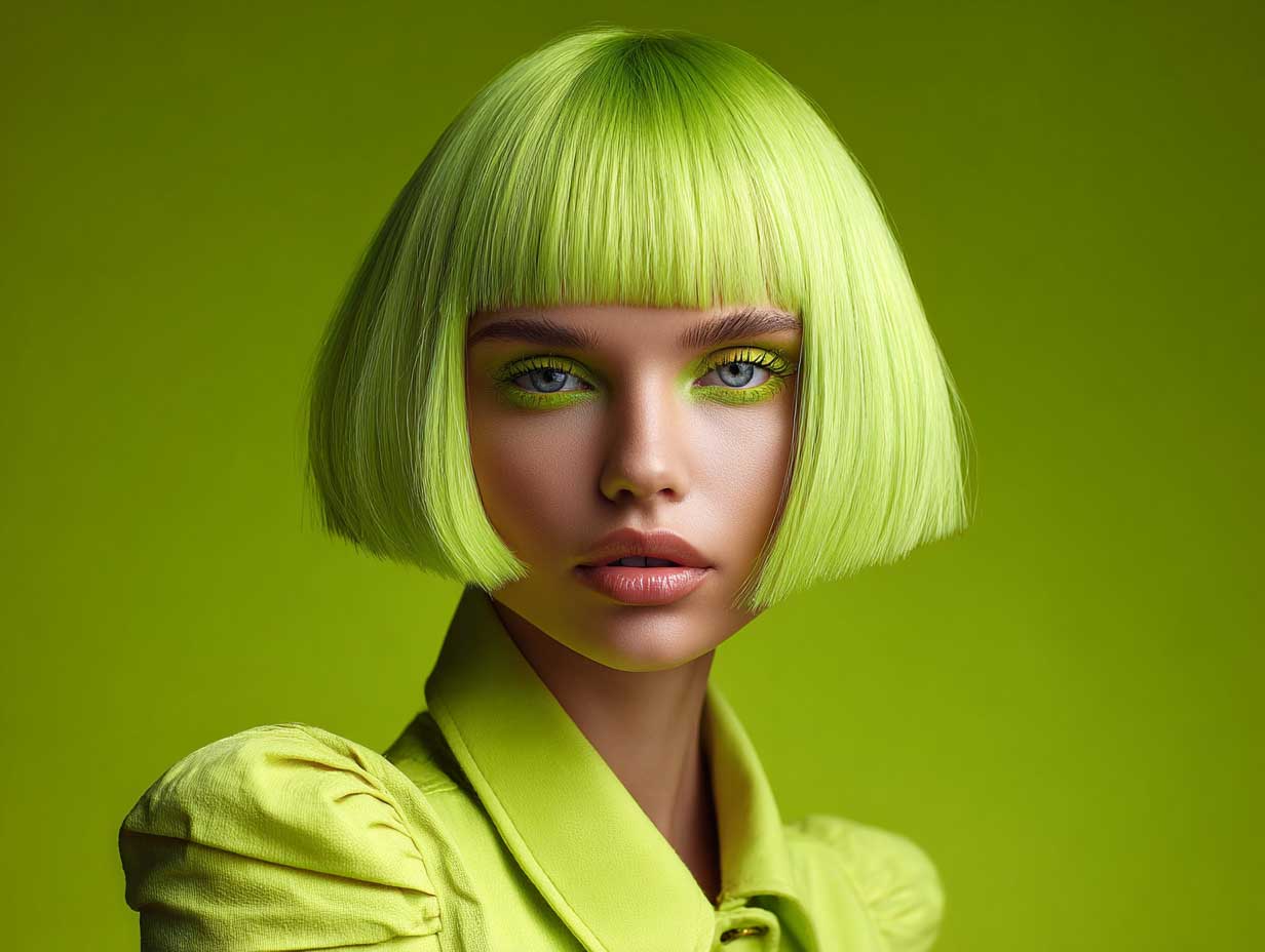 female with electric lime blunt haircut, straight edge bob with side undercut, neon tones, futuristic face, minimal makeup, high-contrast background