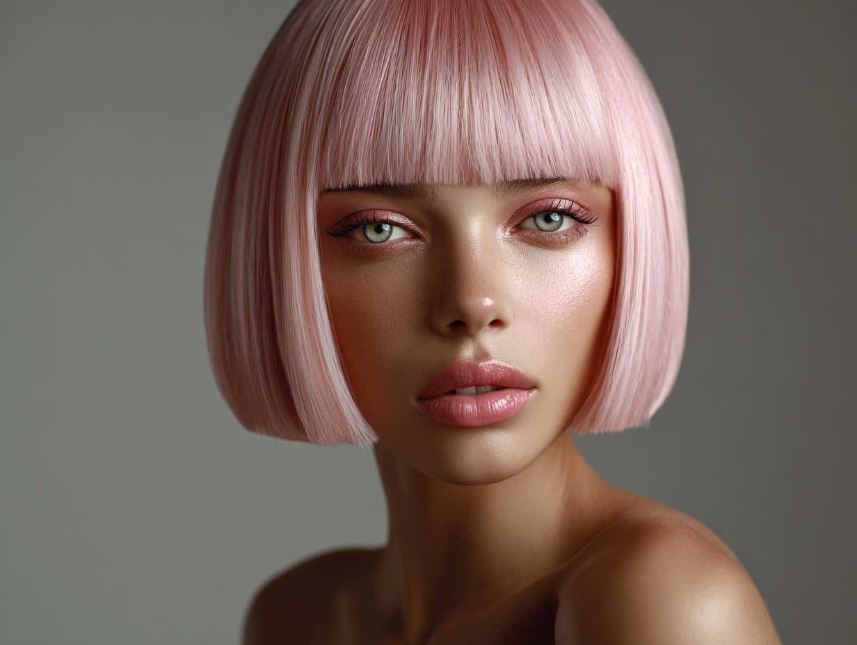 female with pastel peach blunt haircut, chin length bob, straight sleek texture, minimal makeup, dreamy soft lighting, studio background, futuristic face