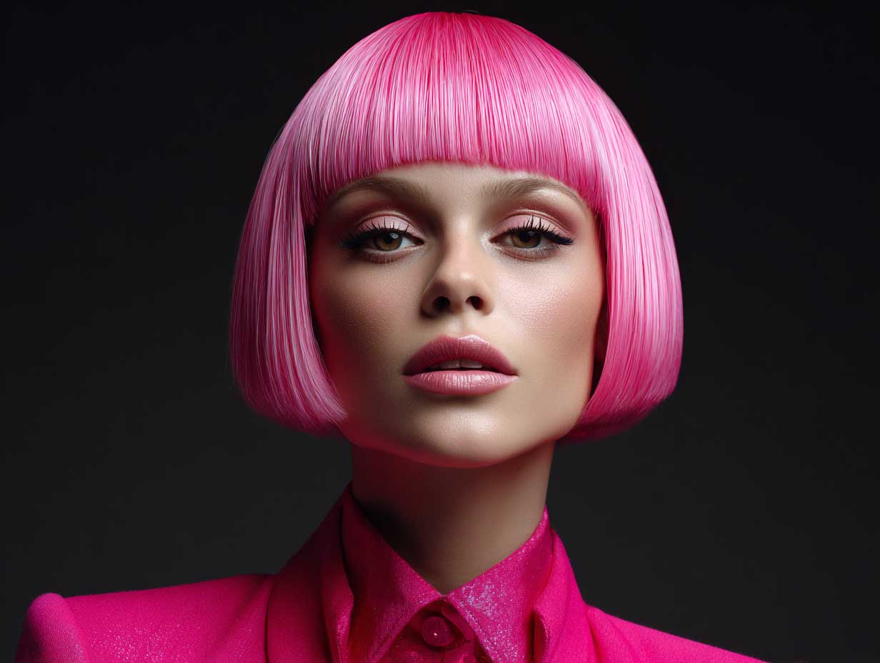 hot pink blunt haircut, symmetrical straight hairstyle, high-gloss effect, dramatic fashion lighting, sharp jawline, editorial beauty face