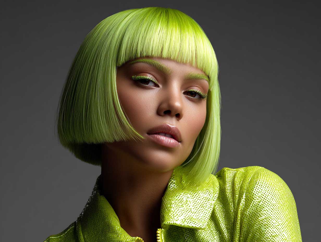 female with electric lime blunt haircut, straight edge bob with side undercut, neon tones, futuristic face, minimal makeup, high-contrast background