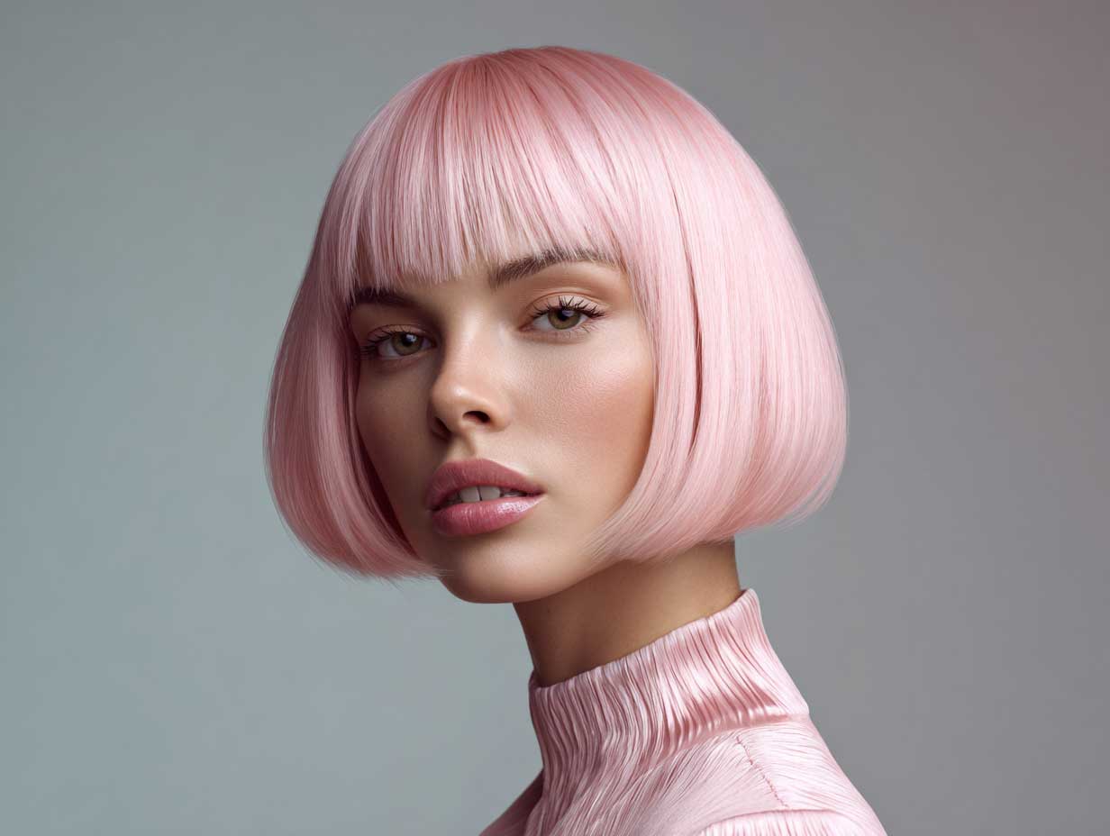 female with pastel peach blunt haircut, chin length bob, straight sleek texture, minimal makeup, dreamy soft lighting, studio background, futuristic face