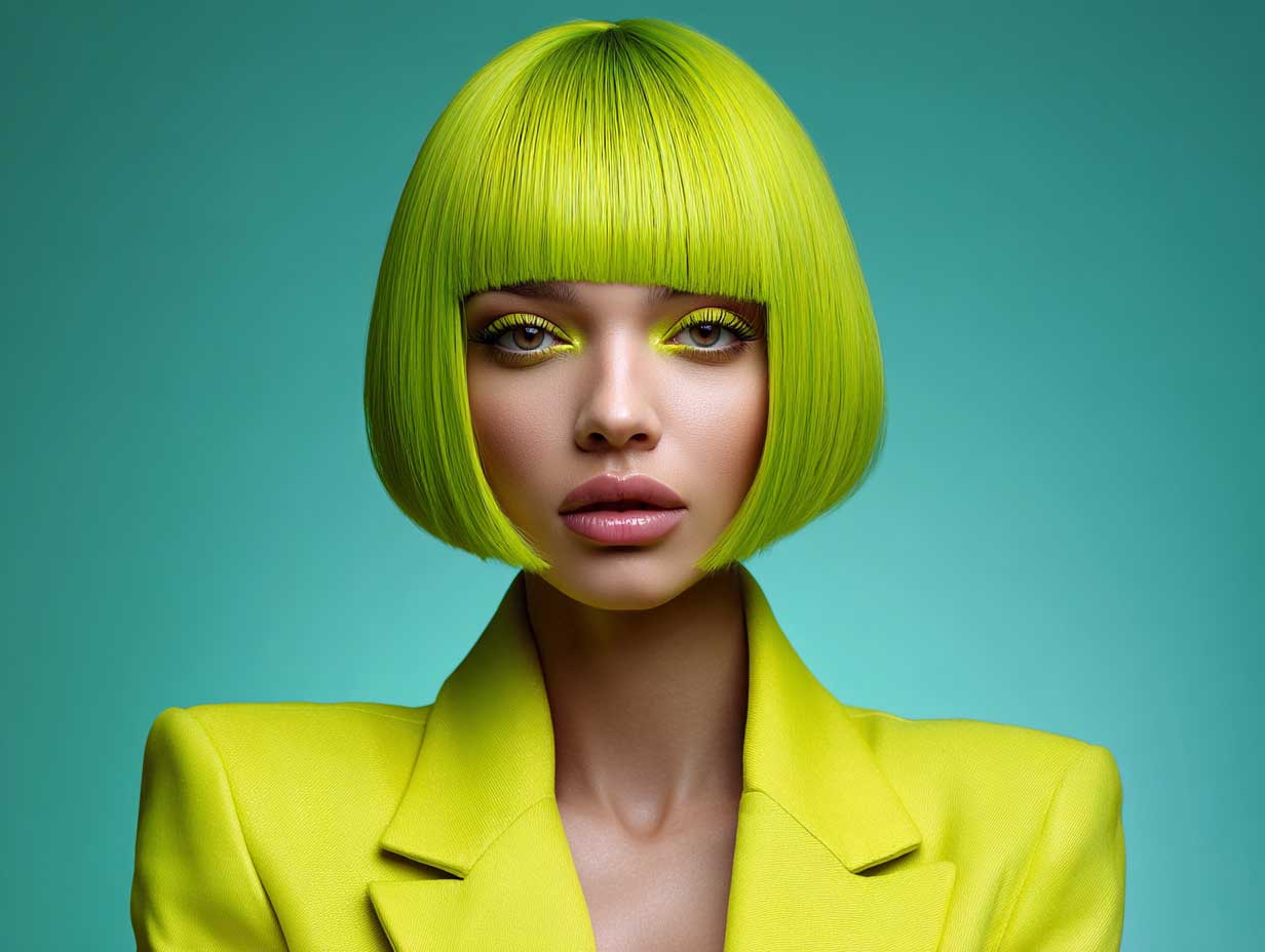 female with electric lime blunt haircut, straight edge bob with side undercut, neon tones, futuristic face, minimal makeup, high-contrast background