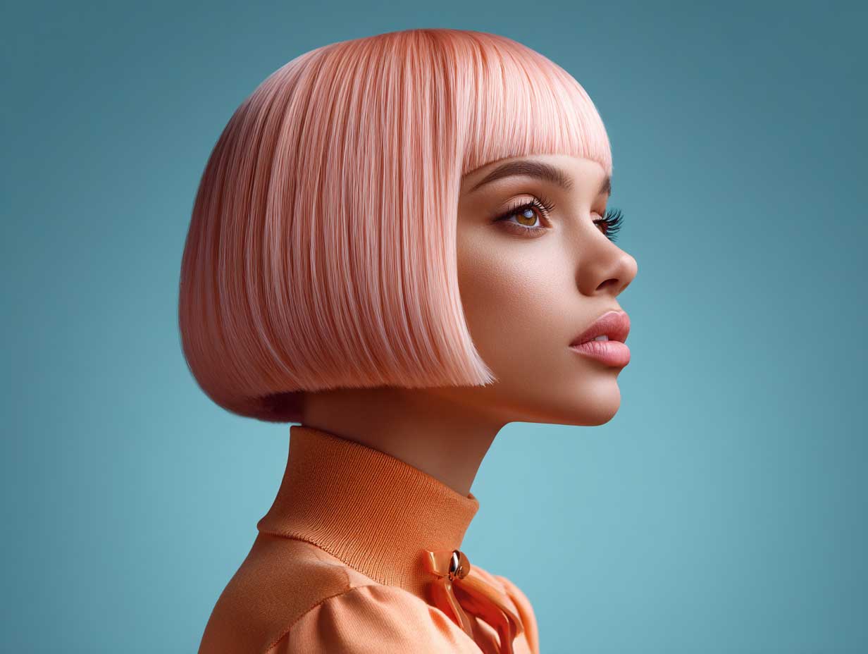 female with pastel peach blunt haircut, chin length bob, straight sleek texture, minimal makeup, dreamy soft lighting, studio background, futuristic face