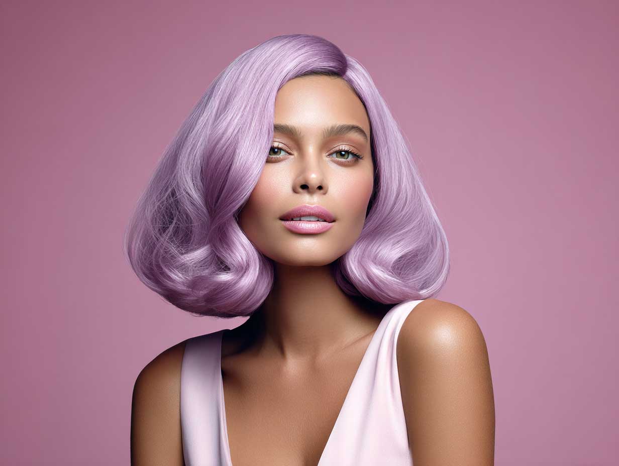 vibrant lavender blunt haircut, airy wave texture, flowing strands, middle part, high-resolution fashion portrait, pastel background, editorial lighting