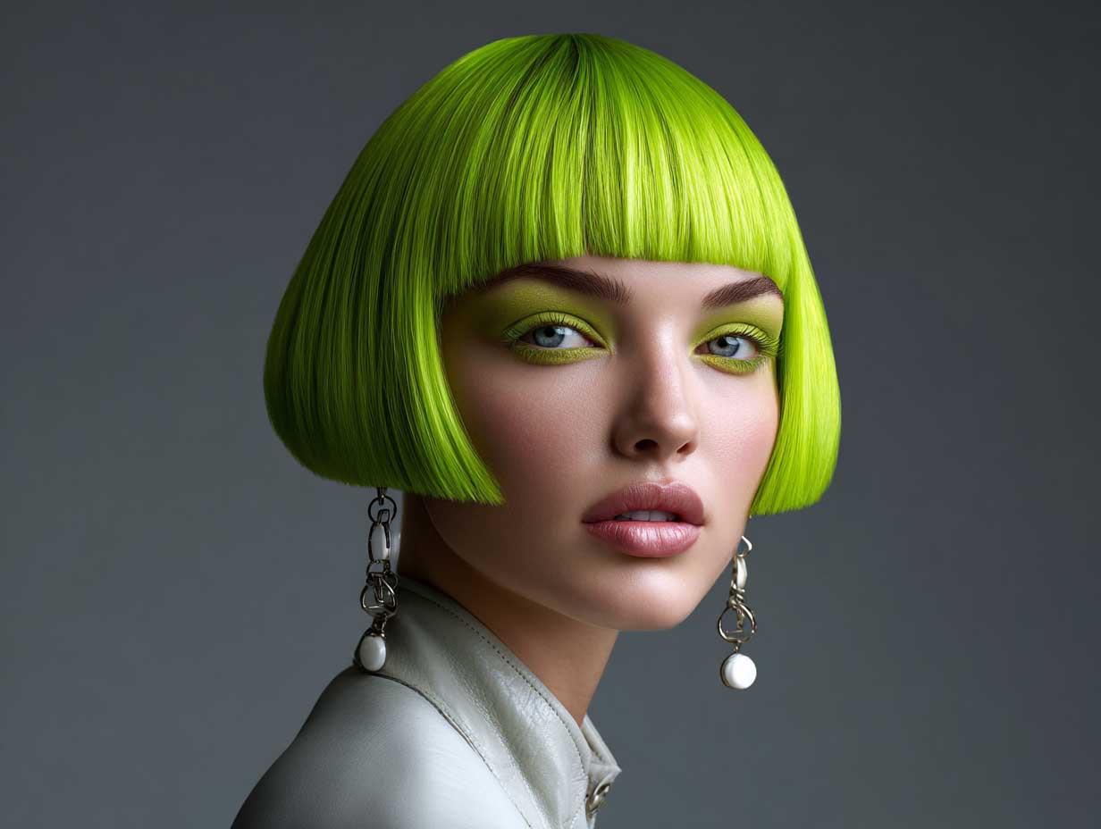 female with electric lime blunt haircut, straight edge bob with side undercut, neon tones, futuristic face, minimal makeup, high-contrast background