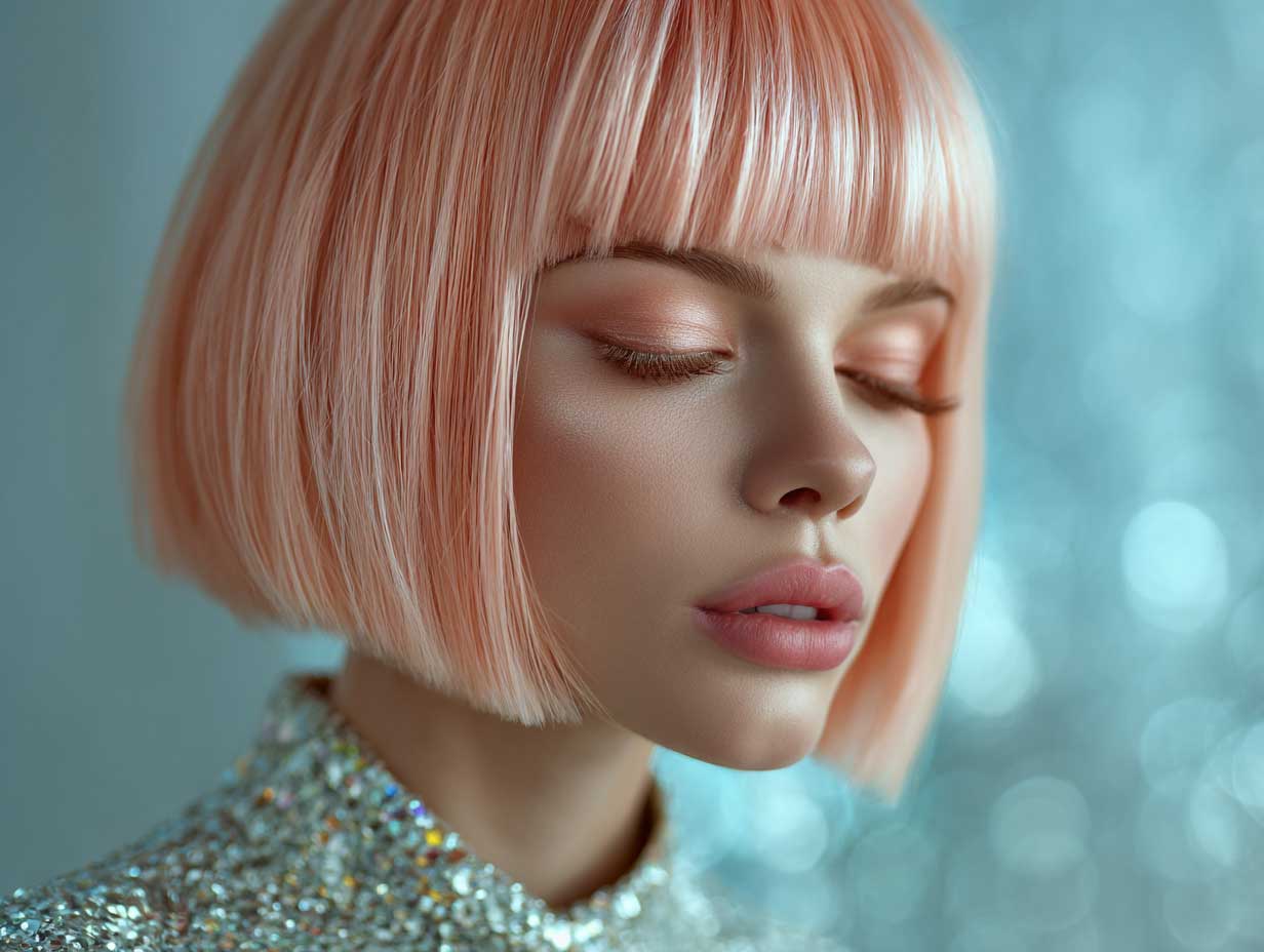 female with pastel peach blunt haircut, chin length bob, straight sleek texture, minimal makeup, dreamy soft lighting, studio background, futuristic face