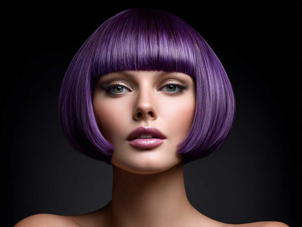 short electric purple blunt haircut on model, French bob shape, full bangs, high fashion styling, editorial lighting, face symmetry