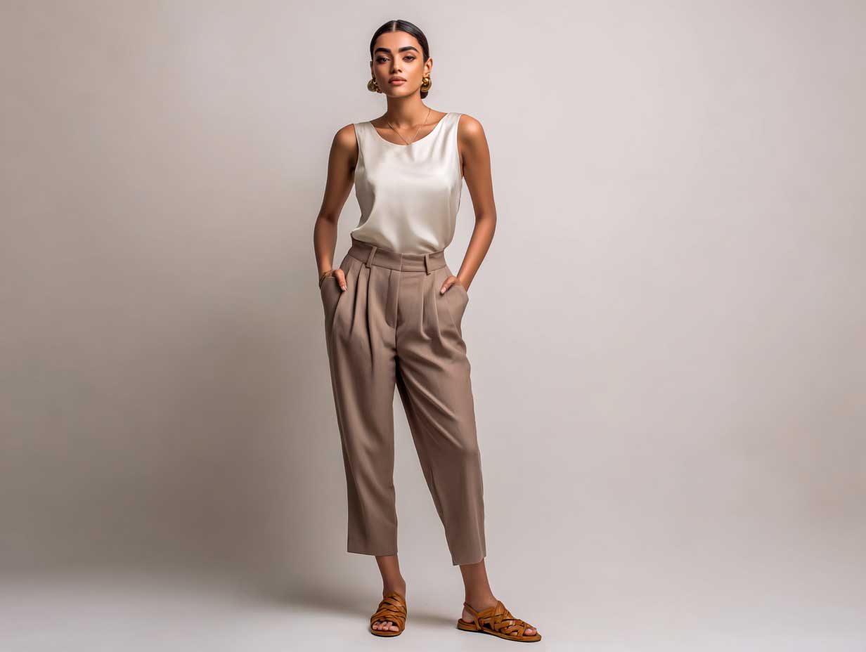 elegant woman standing against a neutral background, wearing a soft ivory tank top, high-waisted straight-leg brown trousers, minimal makeup, sleek bun, tan leather sandals, full-body minimalist fashion look, daylight, no sitting pose
