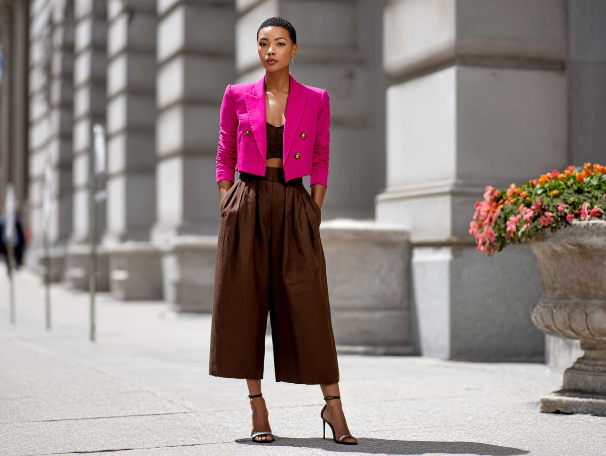 confident woman on a city sidewalk, wearing a fuchsia cropped blazer, chocolate brown culotte pants, heeled sandals, natural makeup, short hair or low bun, full-body editorial-style street fashion photo, bright daylight, standing pose only