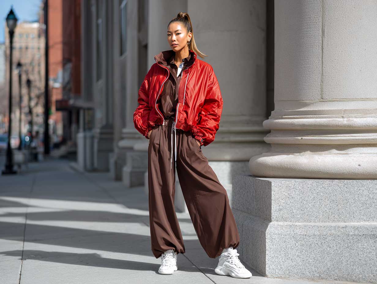 confident urban woman, bold red windbreaker jacket, chocolate brown wide-leg joggers, white high-top sneakers, standing on a city sidewalk, strong natural light, sleek ponytail, contemporary streetwear fashion, full-body outfit shot, no sitting