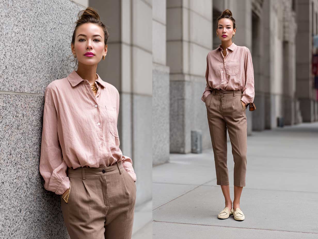 stylish woman standing on a city sidewalk, wearing a blush pink button-up shirt, slim brown cigarette pants, minimal accessories, beige loafers, low bun hairstyle, modern minimalist outfit, soft daylight, full-body shot, no sitting posture