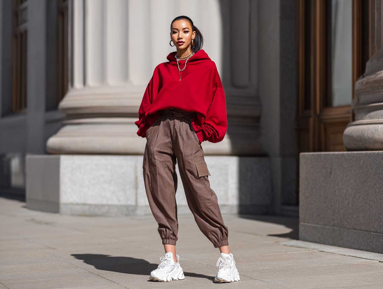 stylish woman standing confidently on a city street, wearing a cherry red hoodie, brown utility trousers with side pockets, chunky white sneakers, sleek high ponytail, minimal accessories, strong sunlight, urban background, full-body shot, no sitting