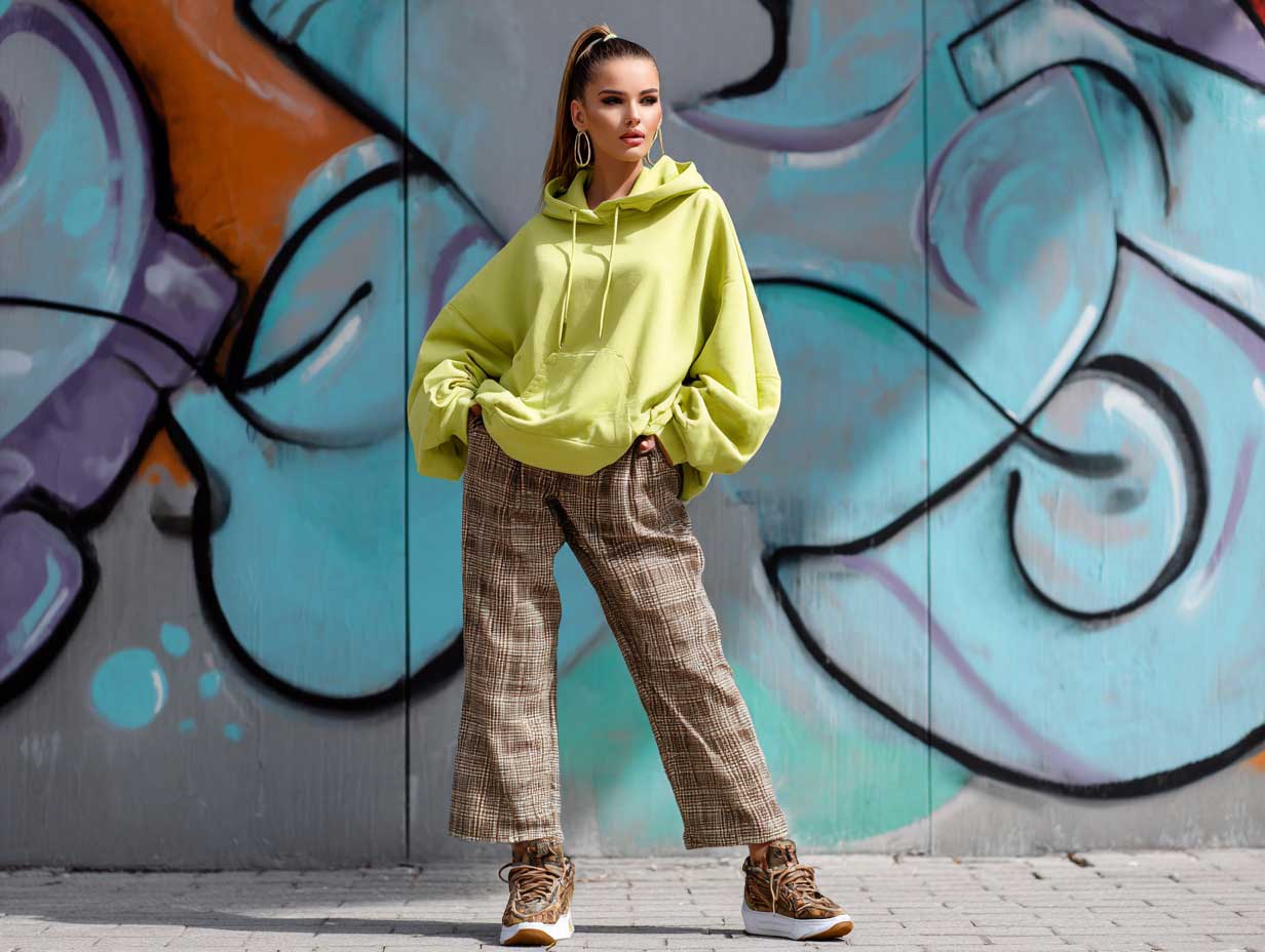 urban streetwear girl, lime green oversized hoodie, brown and tan plaid pants, minimal makeup, graffiti wall, contemporary outfit, brown sneakers, confident pose, editorial lighting