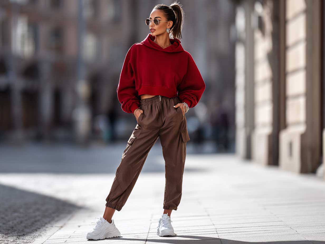 stylish woman standing confidently on a city street, wearing a cherry red hoodie, brown utility trousers with side pockets, chunky white sneakers, sleek high ponytail, minimal accessories, strong sunlight, urban background, full-body shot, no sitting