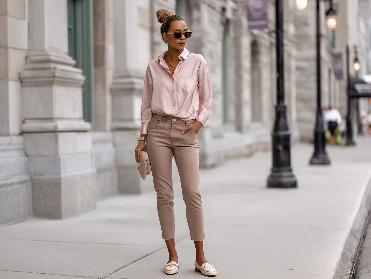stylish woman standing on a city sidewalk, wearing a blush pink button-up shirt, slim brown cigarette pants, minimal accessories, beige loafers, low bun hairstyle, modern minimalist outfit, soft daylight, full-body shot, no sitting posture