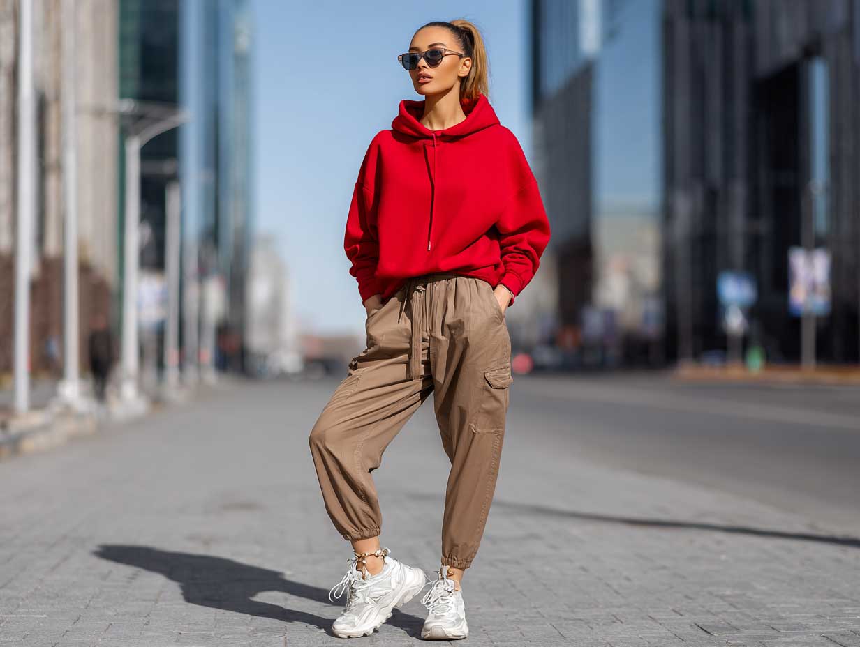 stylish woman standing confidently on a city street, wearing a cherry red hoodie, brown utility trousers with side pockets, chunky white sneakers, sleek high ponytail, minimal accessories, strong sunlight, urban background, full-body shot, no sitting
