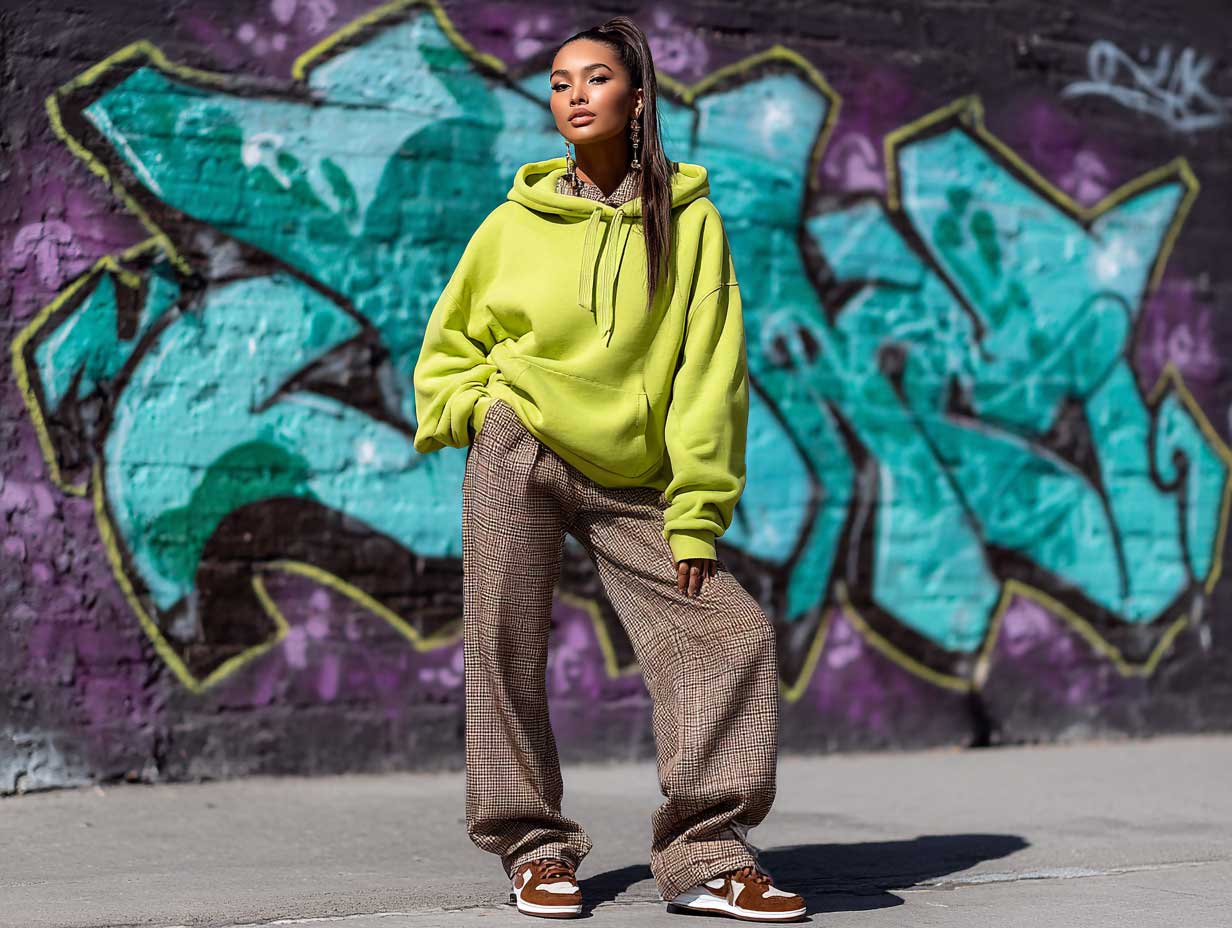 urban streetwear girl, lime green oversized hoodie, brown and tan plaid pants, minimal makeup, graffiti wall, contemporary outfit, brown sneakers, confident pose, editorial lighting