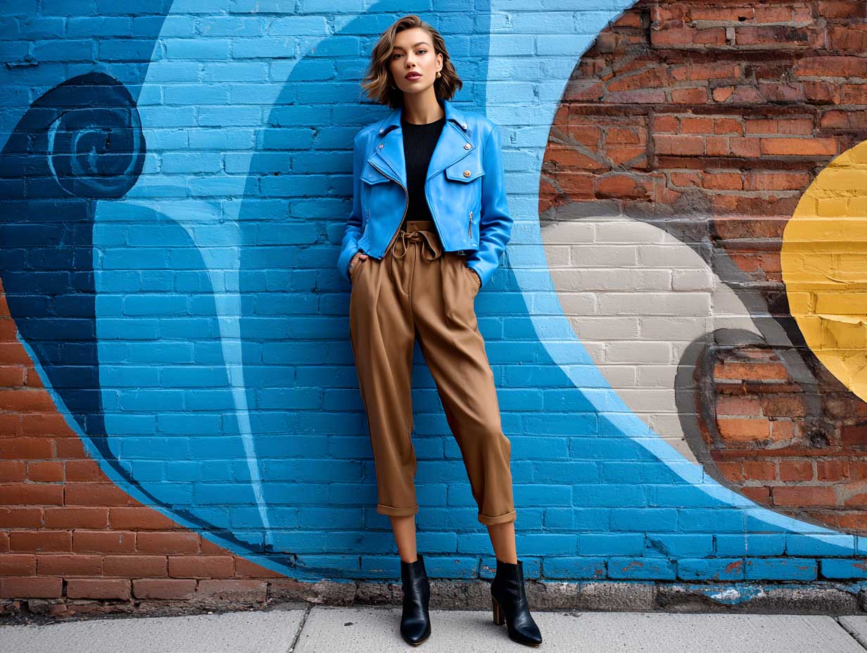 urban woman standing near a city mural, wearing an electric blue cropped jacket, brown tapered high-waisted pants, black ankle boots, sleek hair down, no visible accessories, full-body street style shot, natural light, no sitting posture