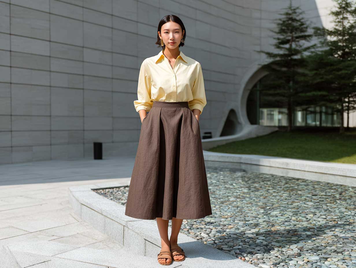 graceful woman in a minimalist outdoor space, standing in a lemon yellow blouse, brown midi A-line skirt, nude ankle-strap sandals, minimal makeup, loose hair tucked behind ears, summer lighting, clean aesthetic, no sitting pose, full-body shot
