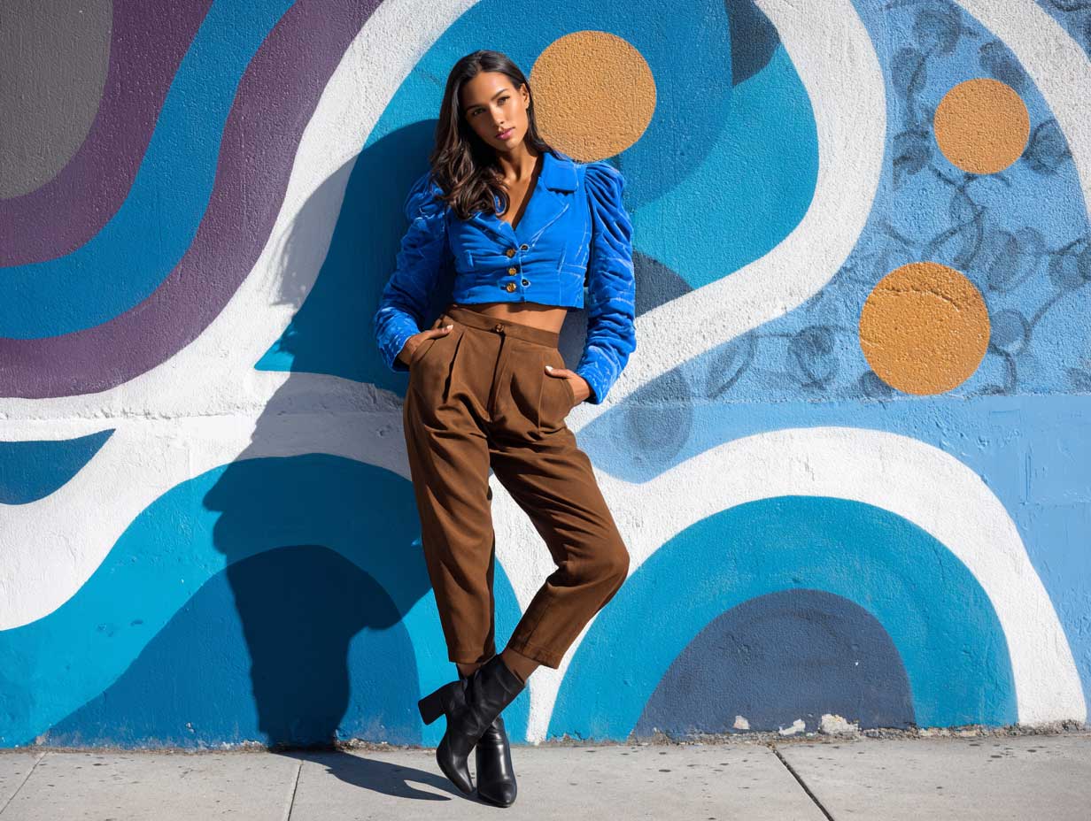 urban woman standing near a city mural, wearing an electric blue cropped jacket, brown tapered high-waisted pants, black ankle boots, sleek hair down, no visible accessories, full-body street style shot, natural light, no sitting posture