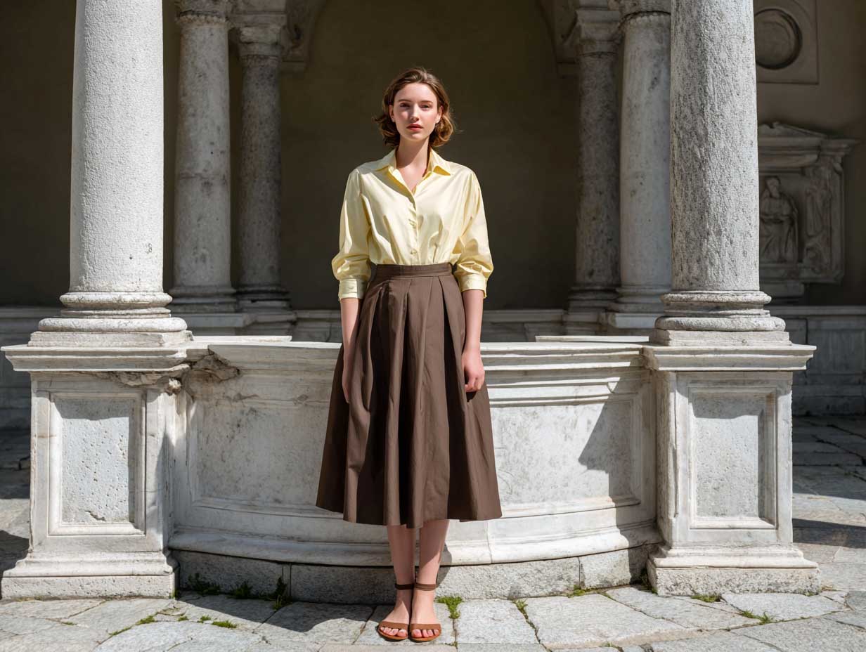 graceful woman in a minimalist outdoor space, standing in a lemon yellow blouse, brown midi A-line skirt, nude ankle-strap sandals, minimal makeup, loose hair tucked behind ears, summer lighting, clean aesthetic, no sitting pose, full-body shot