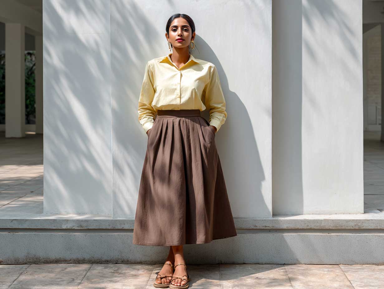 graceful woman in a minimalist outdoor space, standing in a lemon yellow blouse, brown midi A-line skirt, nude ankle-strap sandals, minimal makeup, loose hair tucked behind ears, summer lighting, clean aesthetic, no sitting pose, full-body shot