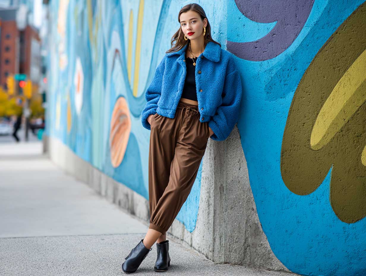 urban woman standing near a city mural, wearing an electric blue cropped jacket, brown tapered high-waisted pants, black ankle boots, sleek hair down, no visible accessories, full-body street style shot, natural light, no sitting posture