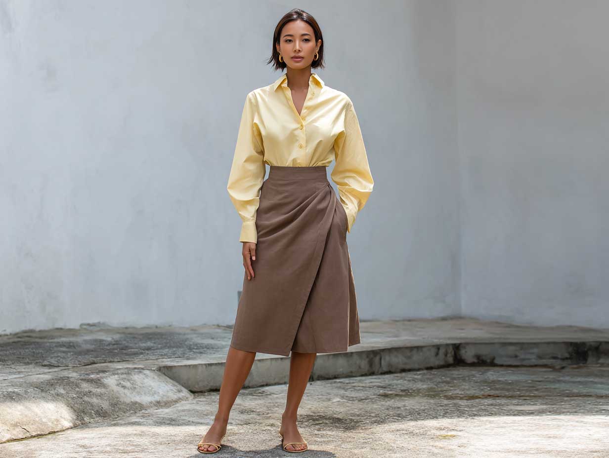 graceful woman in a minimalist outdoor space, standing in a lemon yellow blouse, brown midi A-line skirt, nude ankle-strap sandals, minimal makeup, loose hair tucked behind ears, summer lighting, clean aesthetic, no sitting pose, full-body shot
