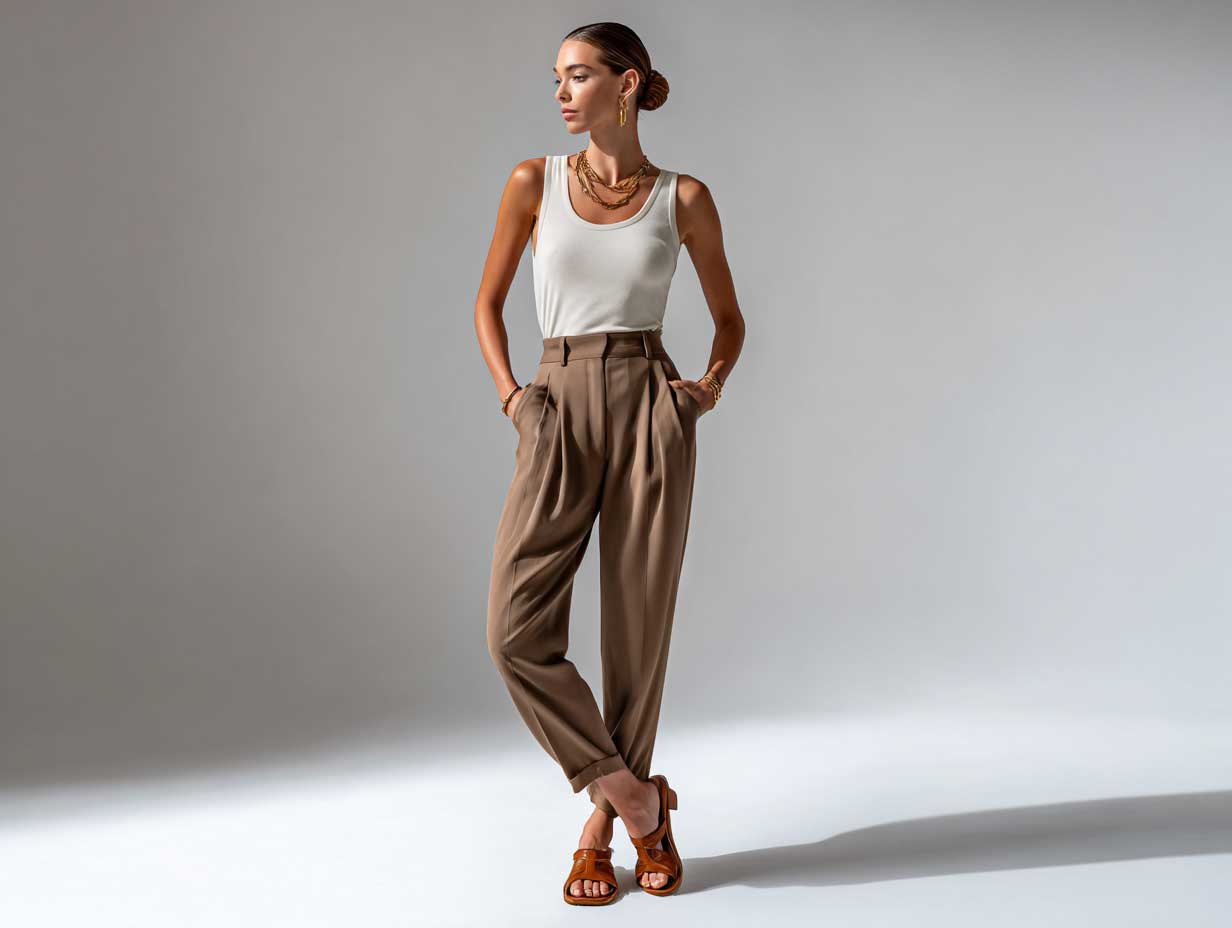 elegant woman standing against a neutral background, wearing a soft ivory tank top, high-waisted straight-leg brown trousers, minimal makeup, sleek bun, tan leather sandals, full-body minimalist fashion look, daylight, no sitting pose